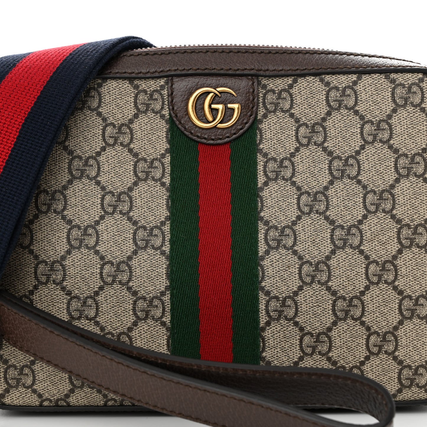 GG Supreme Monogram Textured Dollar Calfskin Web Ophidia Wristlet Shoulder Bag Beige Ebony New Acero