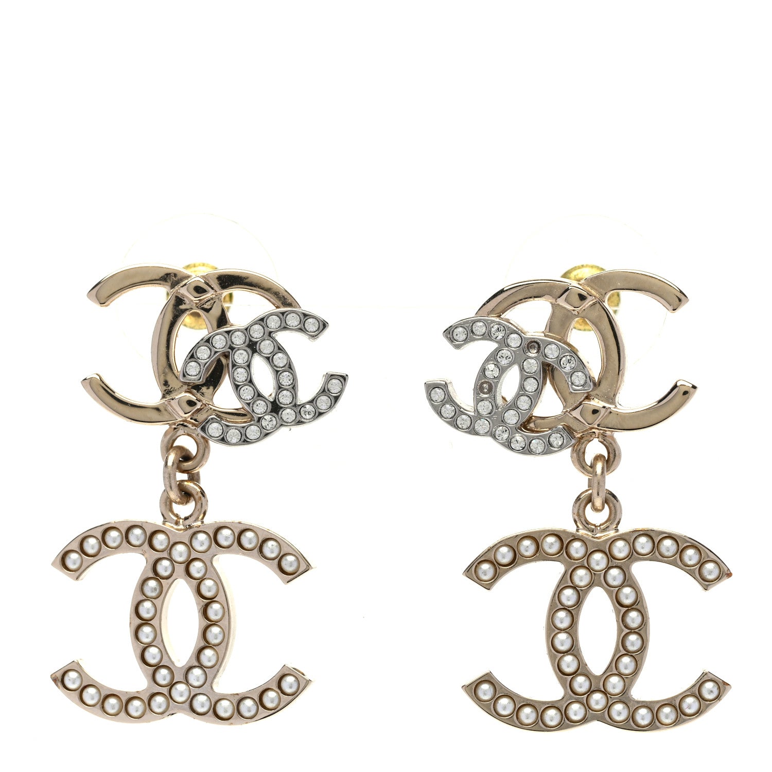 Chanel Crystal Pearl Double CC Drop Earrings Gold Silver 1 of 5