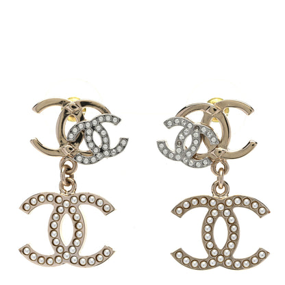 Chanel Crystal Pearl Double CC Drop Earrings Gold Silver 1 of 5