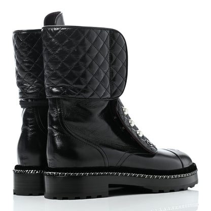 Chanel Crackled Calfskin Velvet Pearl Combat Ankle Boots 39.5 Black 4 of 11