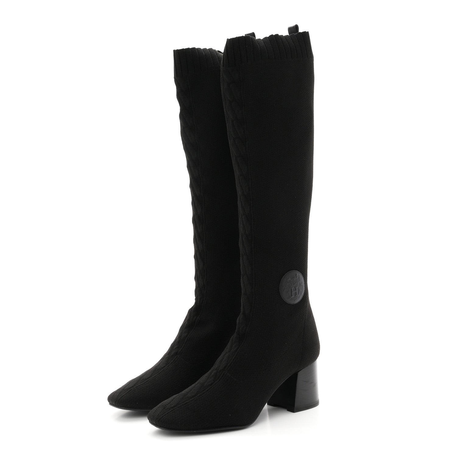 Hermes Knit Calfskin Fontaine 60 Boots 37 Black 4 of 9