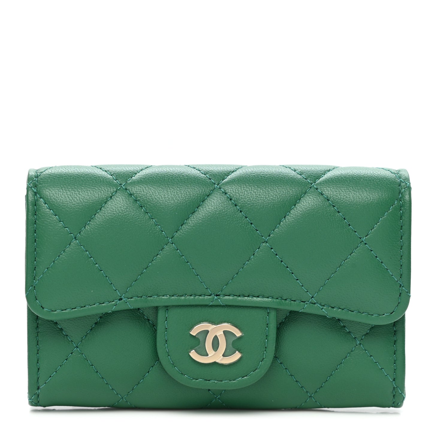 Lambskin Quilted Flap Card Holder Wallet Green