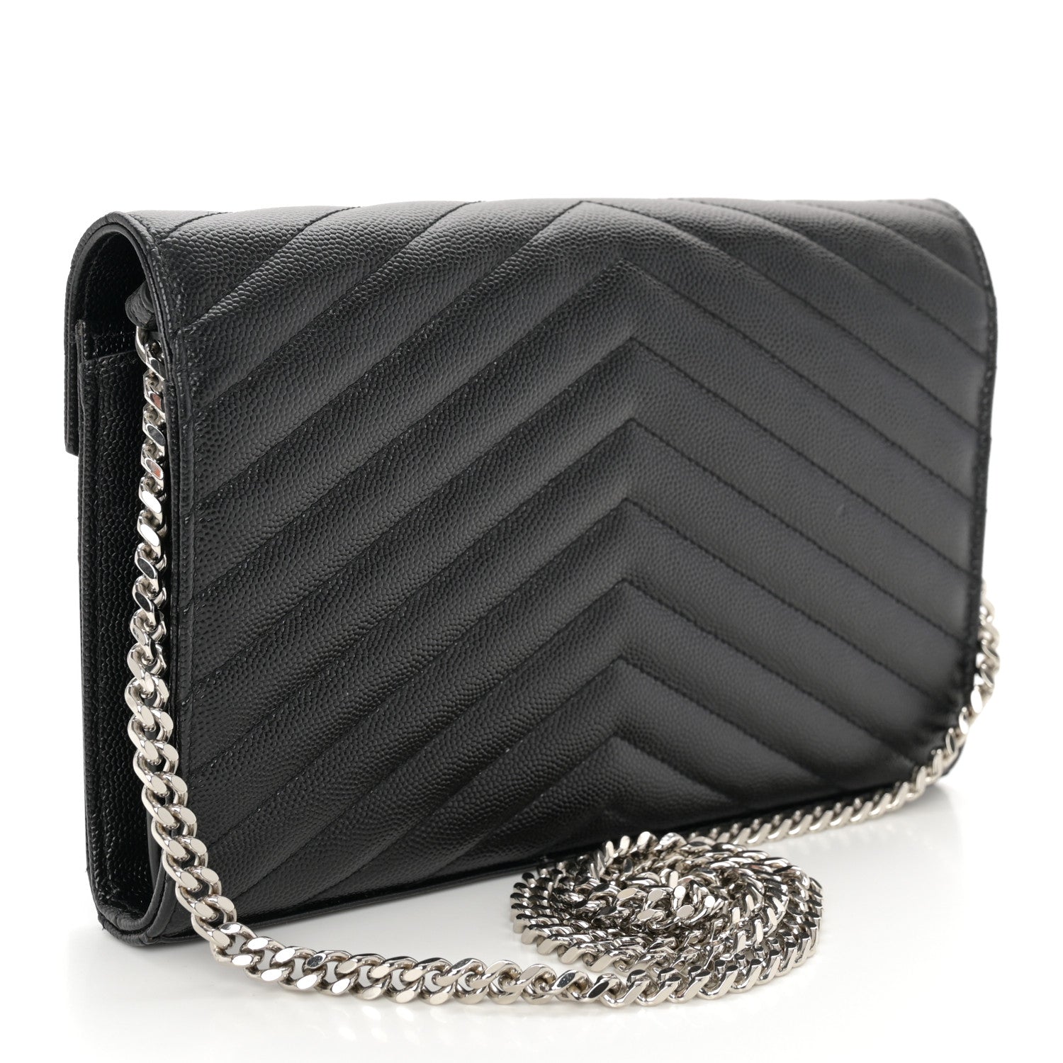 Saint Laurent Grain De Poudre Matelasse Chevron Monogram Chain Wallet Black 3 of 9