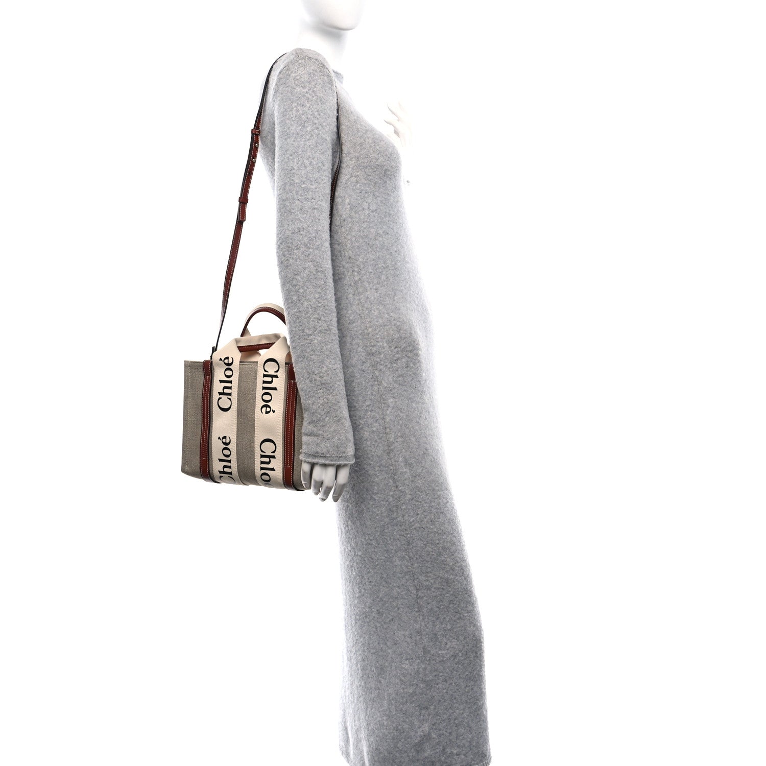 Chloe Linen Calfskin Small Woody Ribbon Tote With Strap White Brown 2 of 9