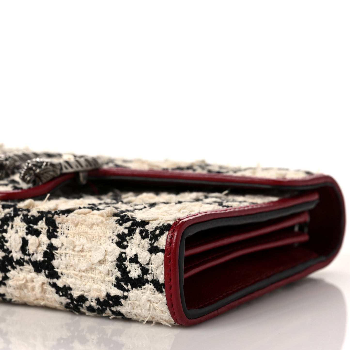 Tweed GG Monogram Mini Dionysus Chain Wallet White Black Romantic Cherry