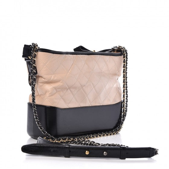 Aged Calfskin Quilted Medium Gabrielle Hobo Beige Black