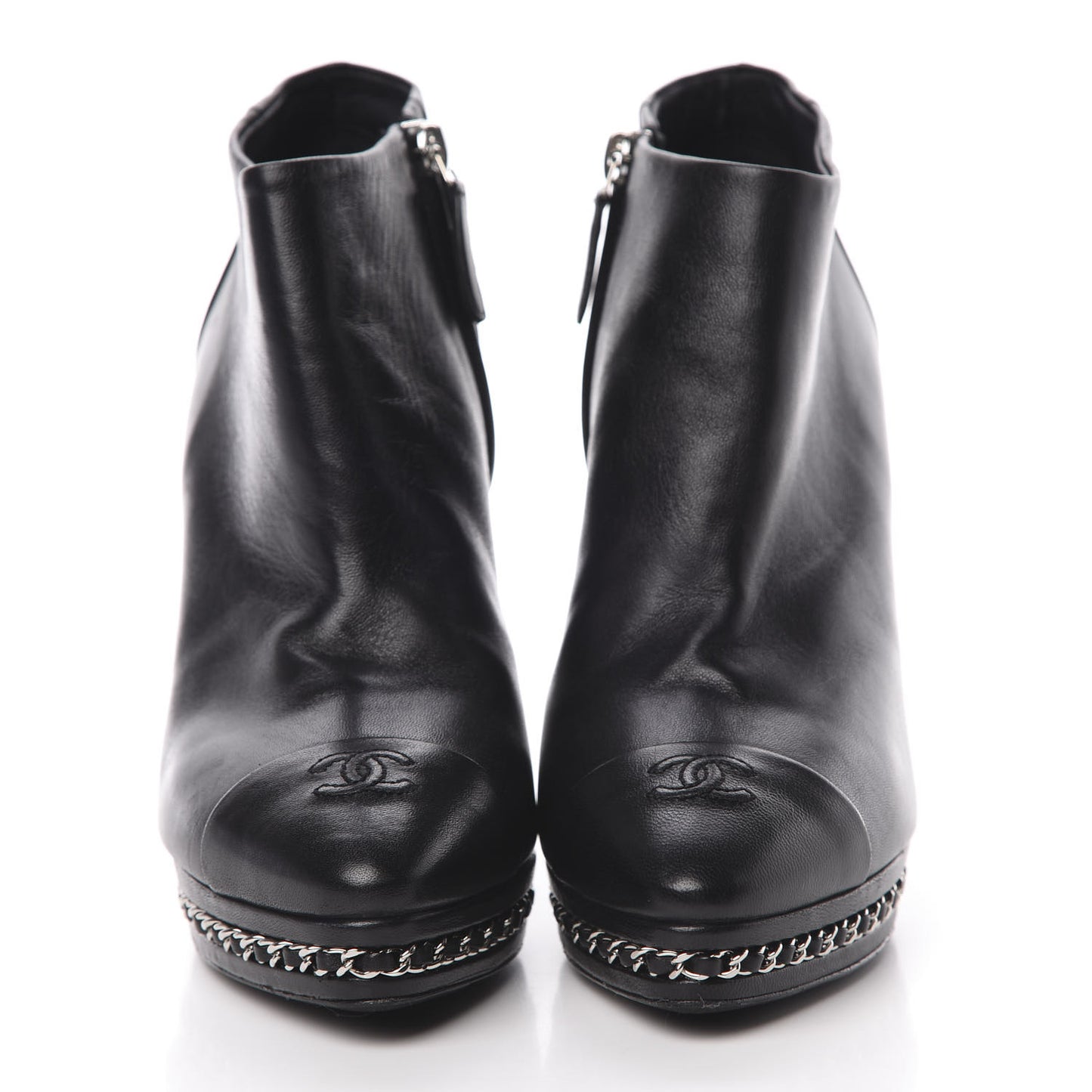 Lambskin CC Platform Cap Toe Chain Ankle Boots 38.5 Black