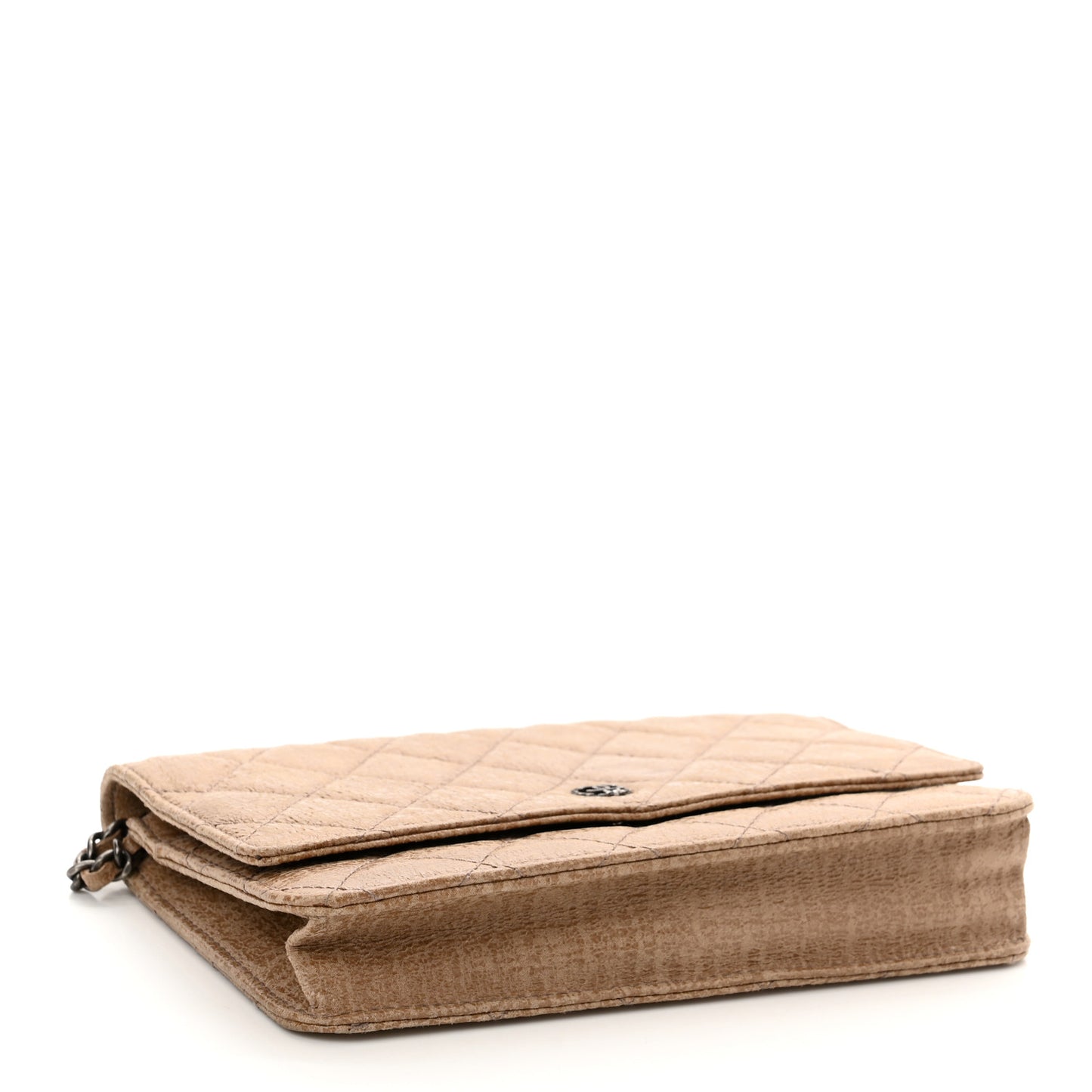 Crackled Coated Fabric Quilted Wallet On Chain WOC Beige