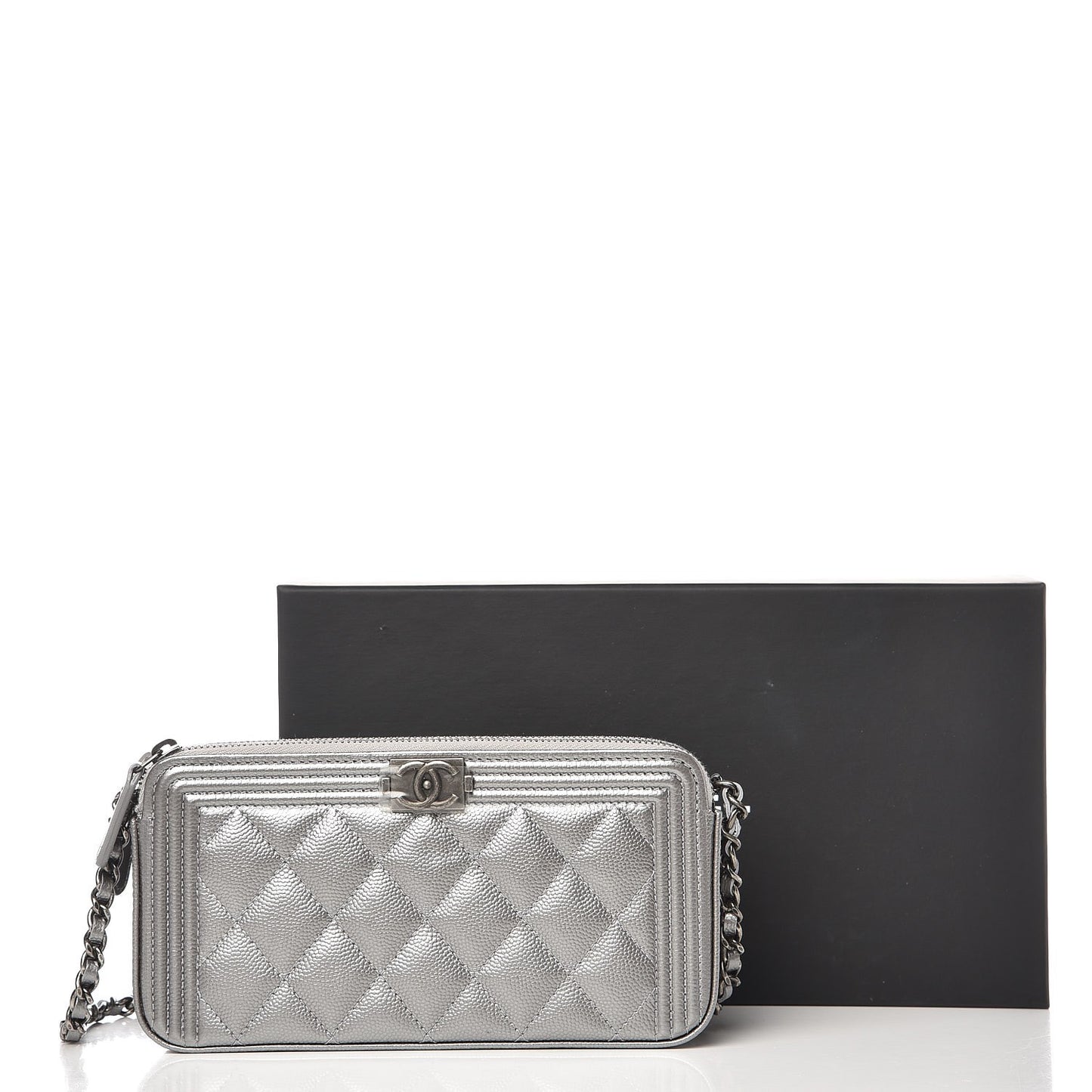 Metallic Caviar Quilted Small Boy Clutch With Chain Silver