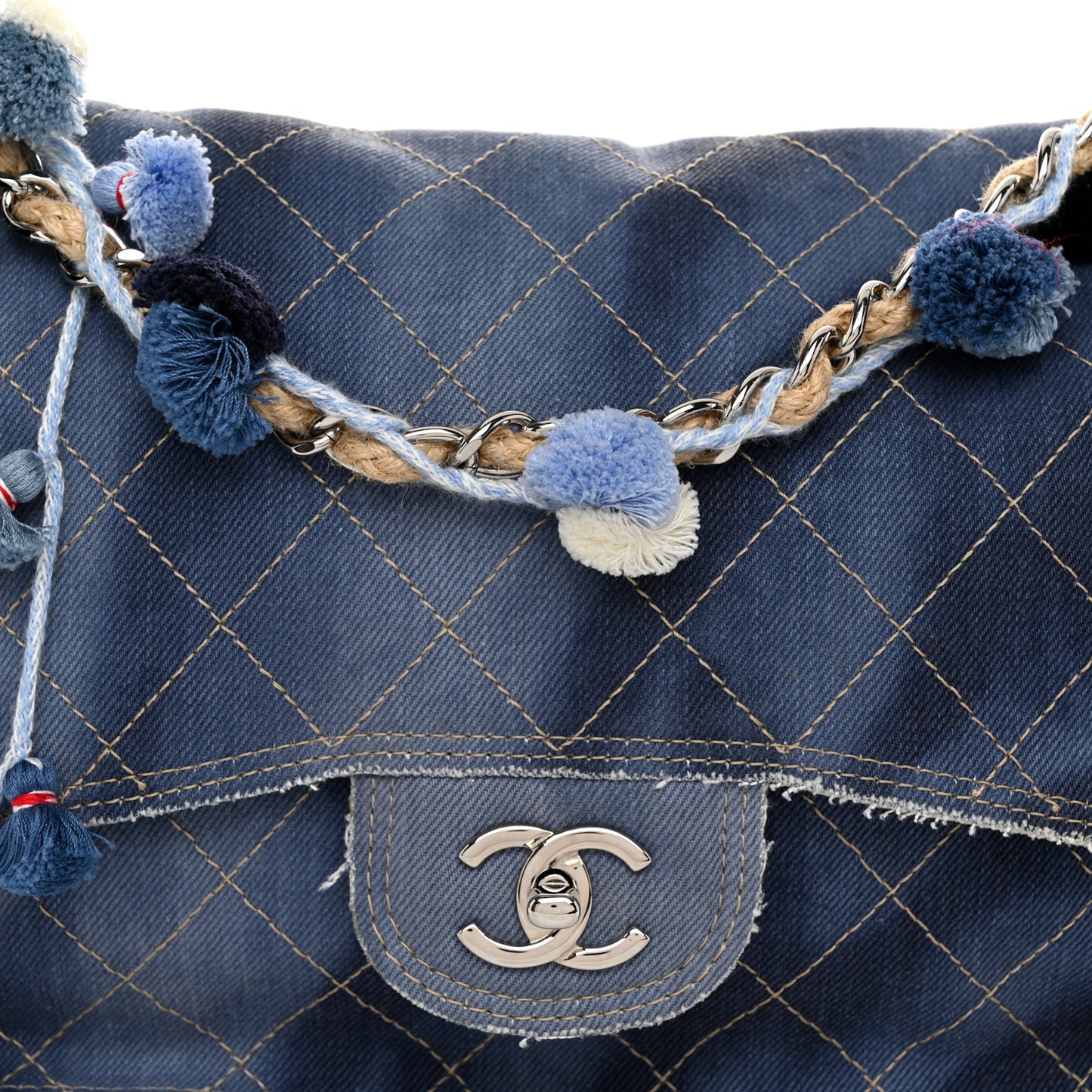 Denim Quilted Jumbo Pompom Flap Dark Blue