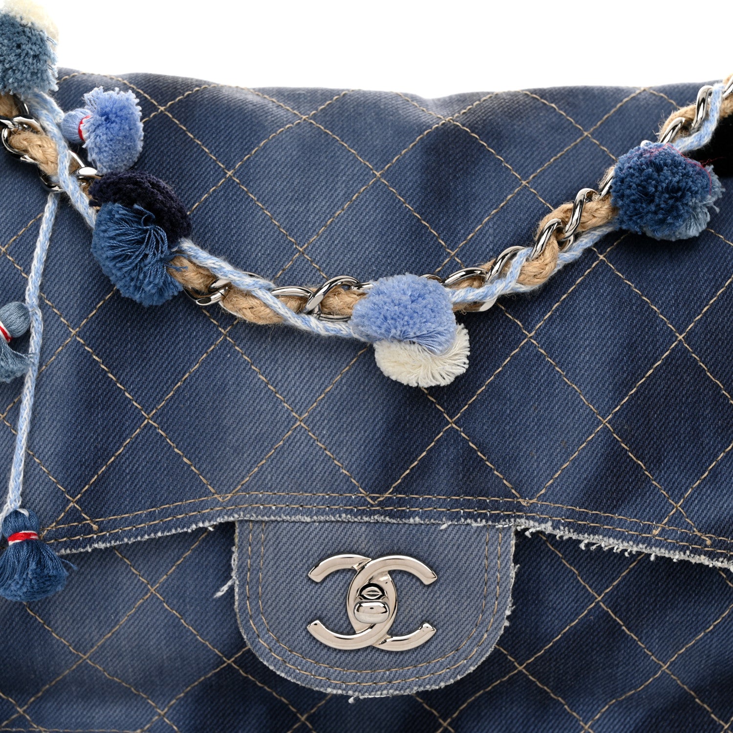 Chanel Denim Quilted Jumbo Pompom Flap Dark Blue 8 of 10