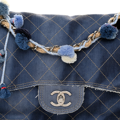 Chanel Denim Quilted Jumbo Pompom Flap Dark Blue 8 of 10