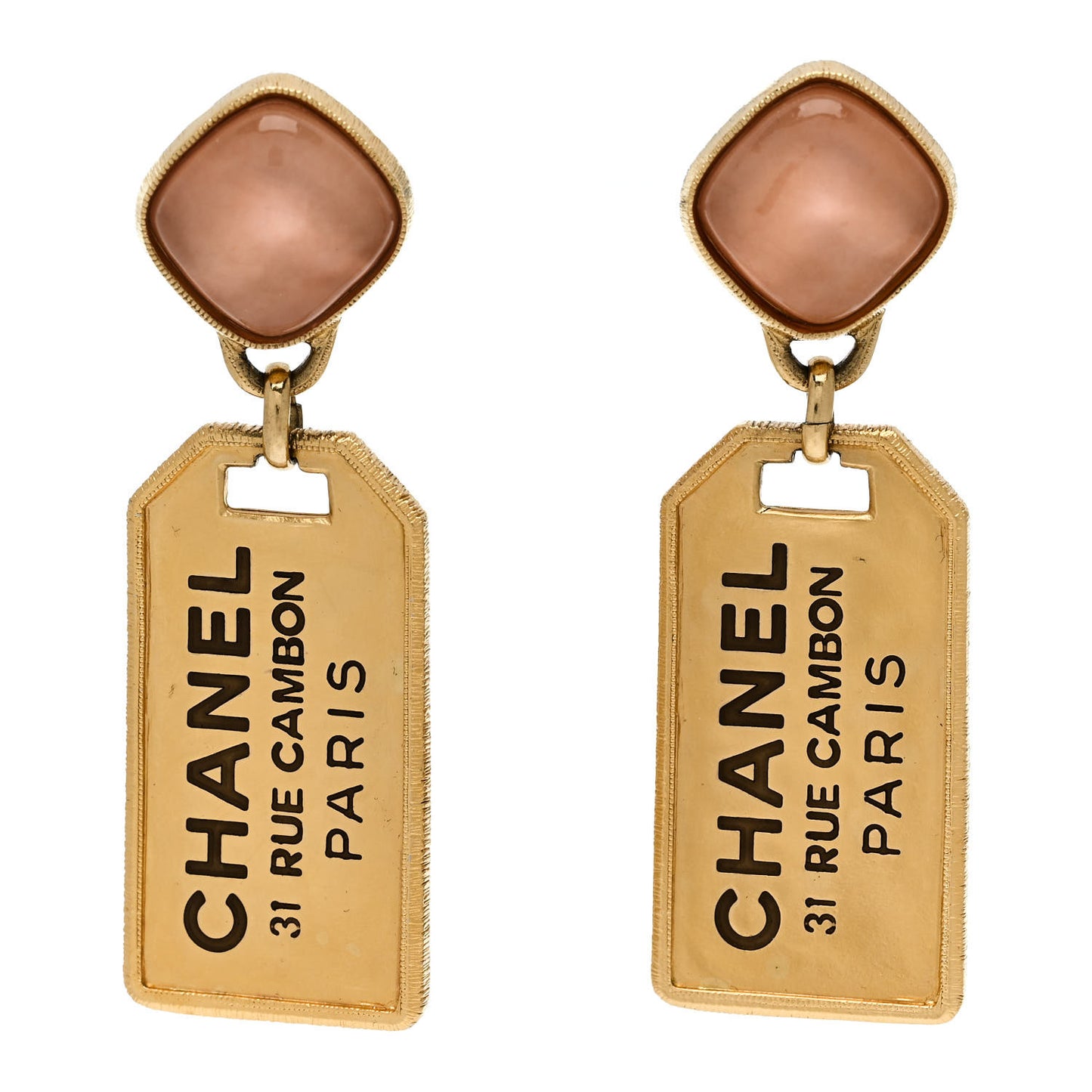 CC Tags Drop Earrings Gold Pink