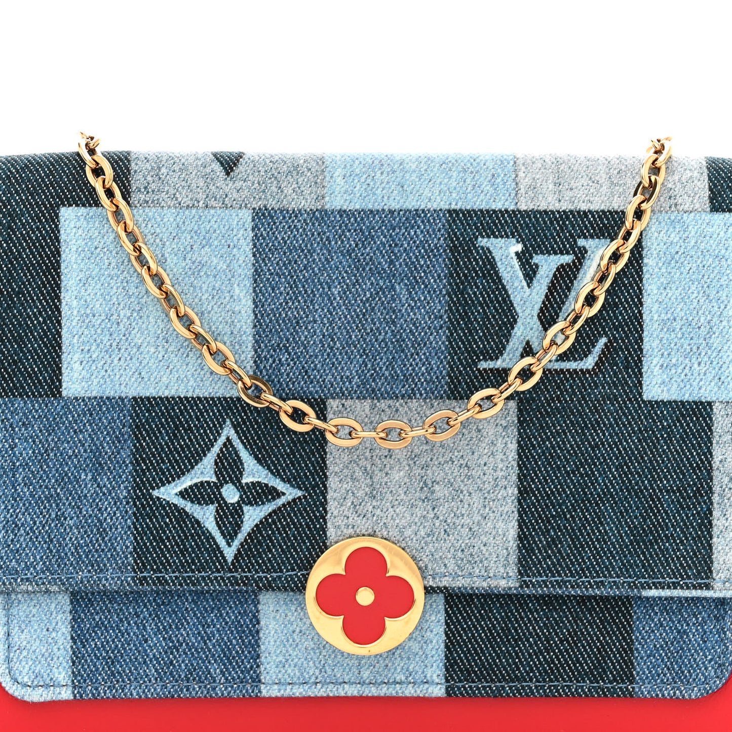 Denim Damier Monogram Patchwork Flore Chain Wallet Blue Rouge