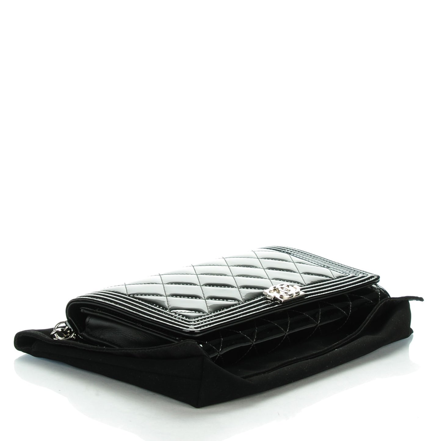 Patent Calfskin Quilted Boy Wallet on Removable Chain Black