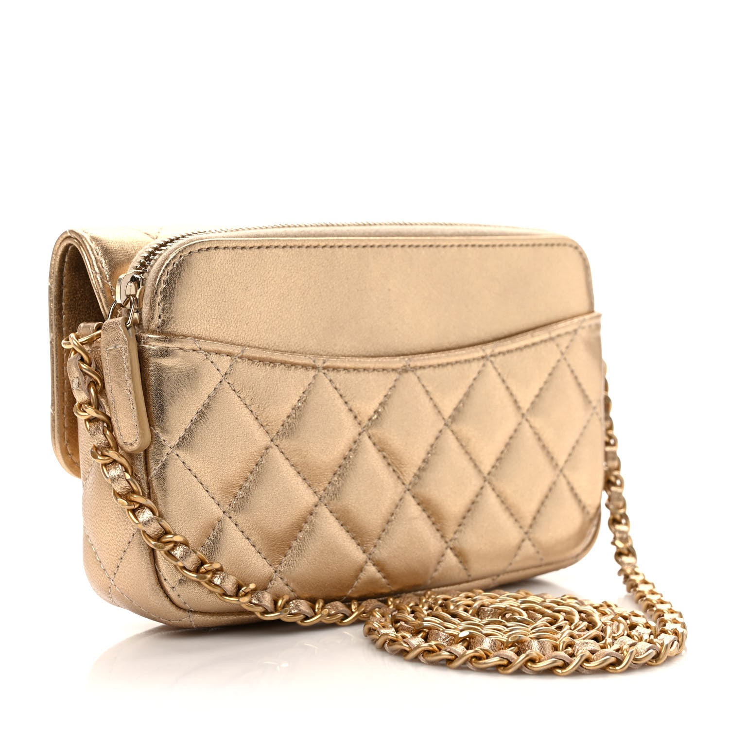 Chanel Metallic Lambskin Quilted Flap Phone Holder With Chain Gold 3 of 11