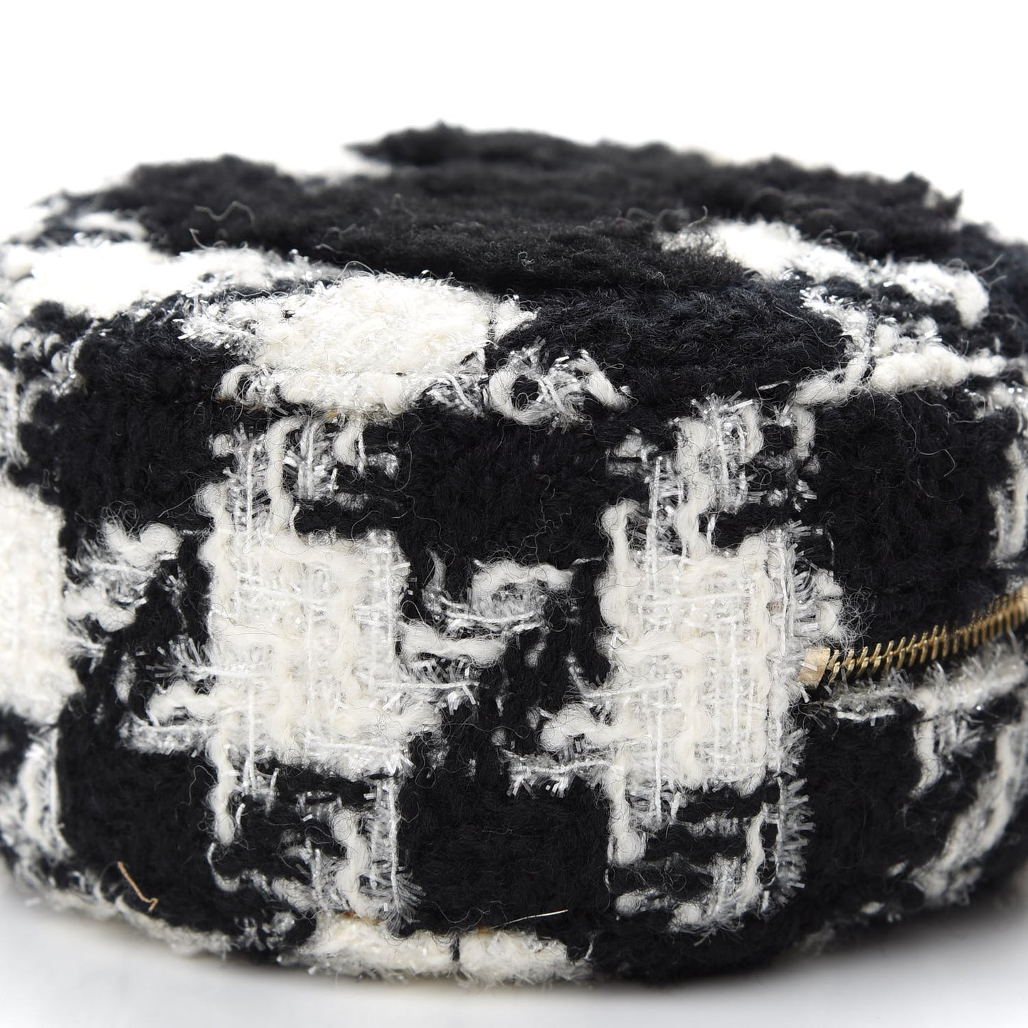 Tweed Shearling Round Clutch With Chain and Coin Purse Black and White