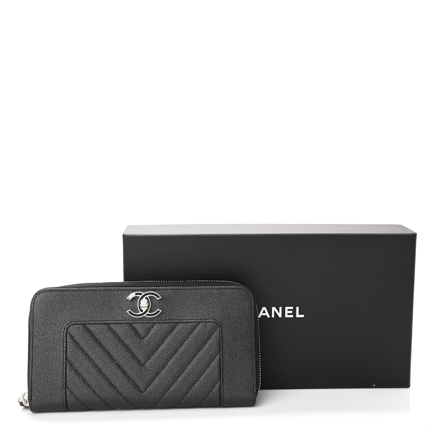 Caviar Chevron Quilted Mademoiselle Vintage Zip Around Wallet Dark Grey