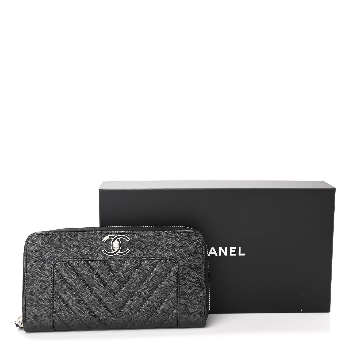Chanel Caviar Chevron Quilted Mademoiselle Vintage Zip Around Wallet Dark Grey 8 of 8