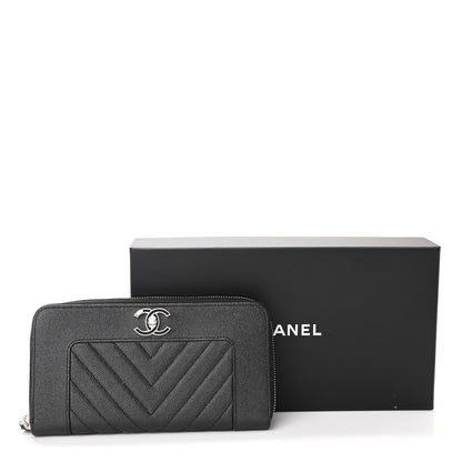 Chanel Caviar Chevron Quilted Mademoiselle Vintage Zip Around Wallet Dark Grey 8 of 8