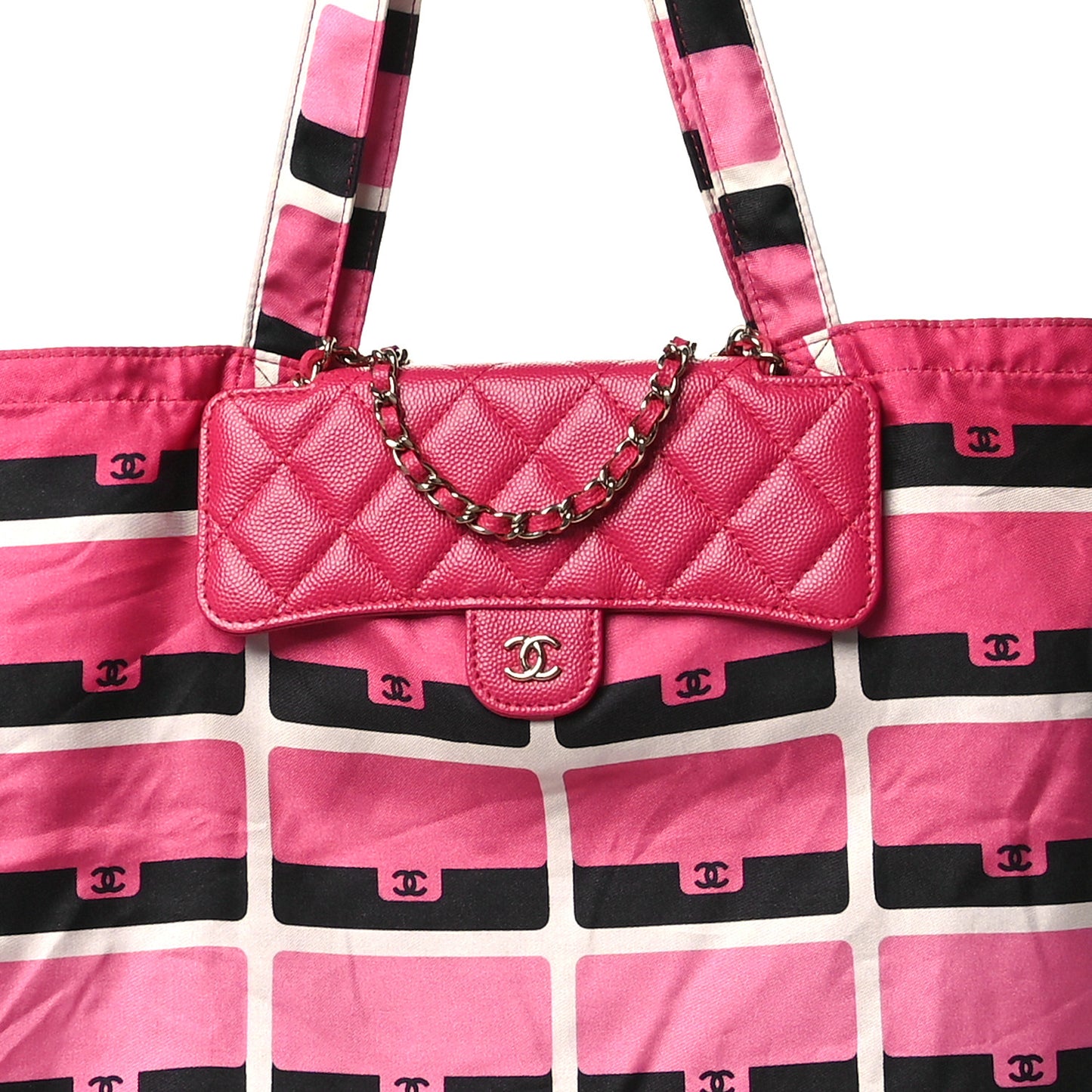 Caviar Fabric Quilted Foldable Tote With Chain Pink Multicolor