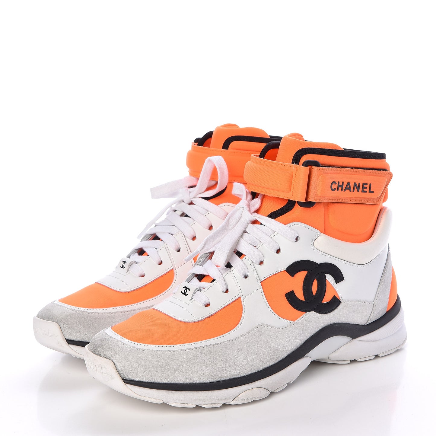 Suede Calfskin Lambskin Neoprene High Top CC Sneakers 37.5 White Fluo Orange