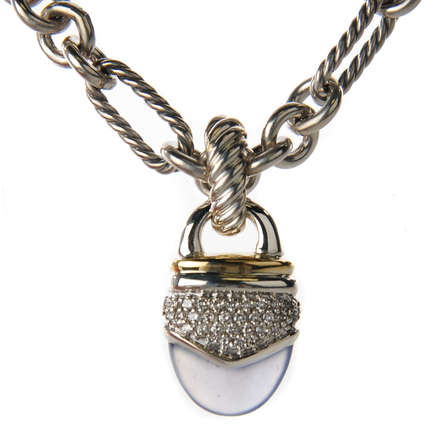 Sterling Silver 18K yellow Gold Pave Diamond Chalcedony 25mm Acorn Figaro Necklace