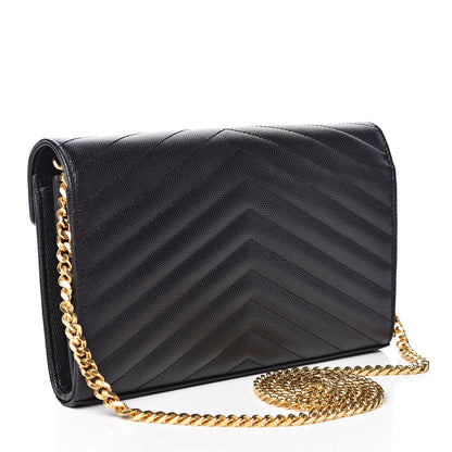 Saint Laurent Grain De Poudre Matelasse Chevron Monogram Chain Wallet Black 3 of 11