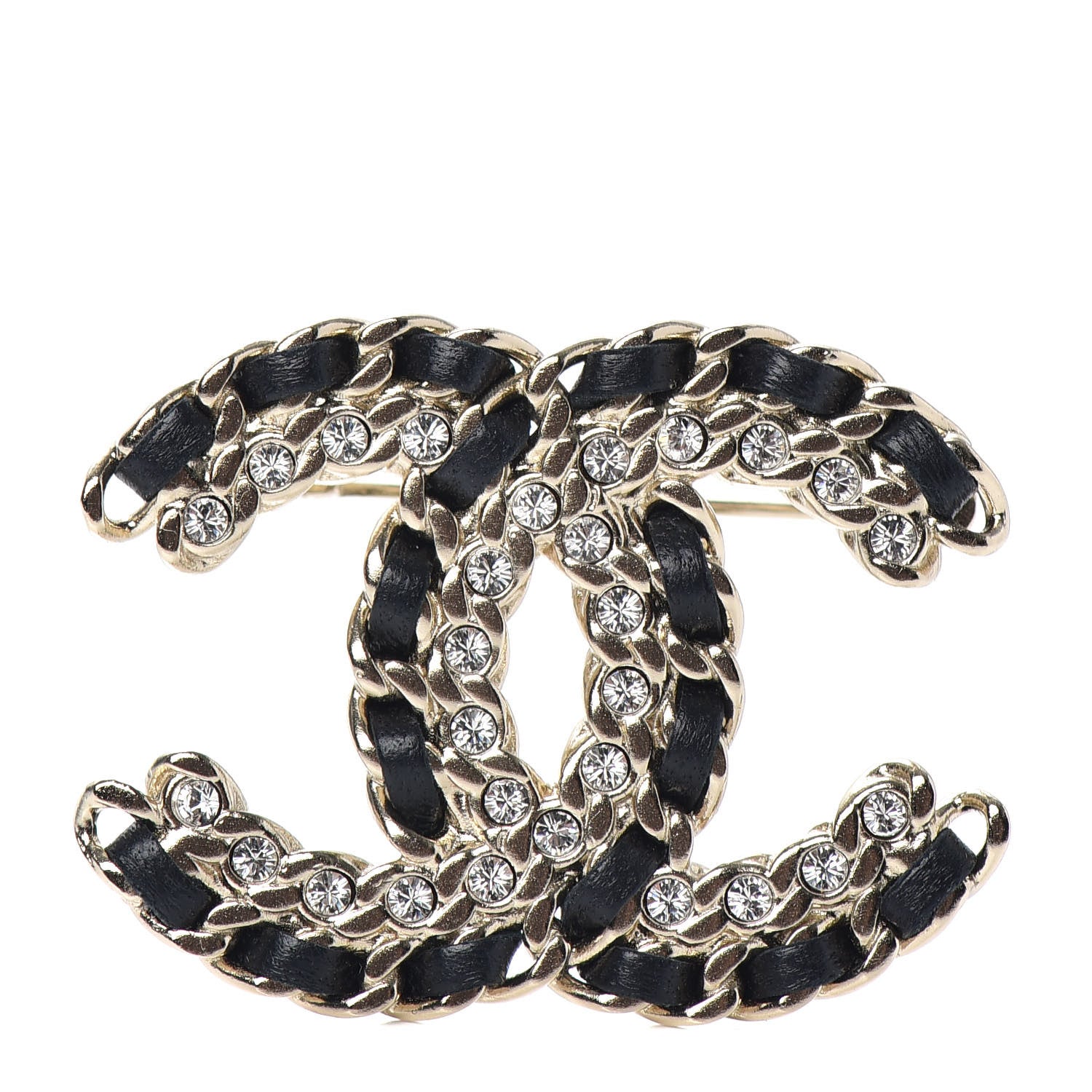 Chanel Lambskin Crystal Vintage Allure CC Chain Brooch Black Gold 1 of 5