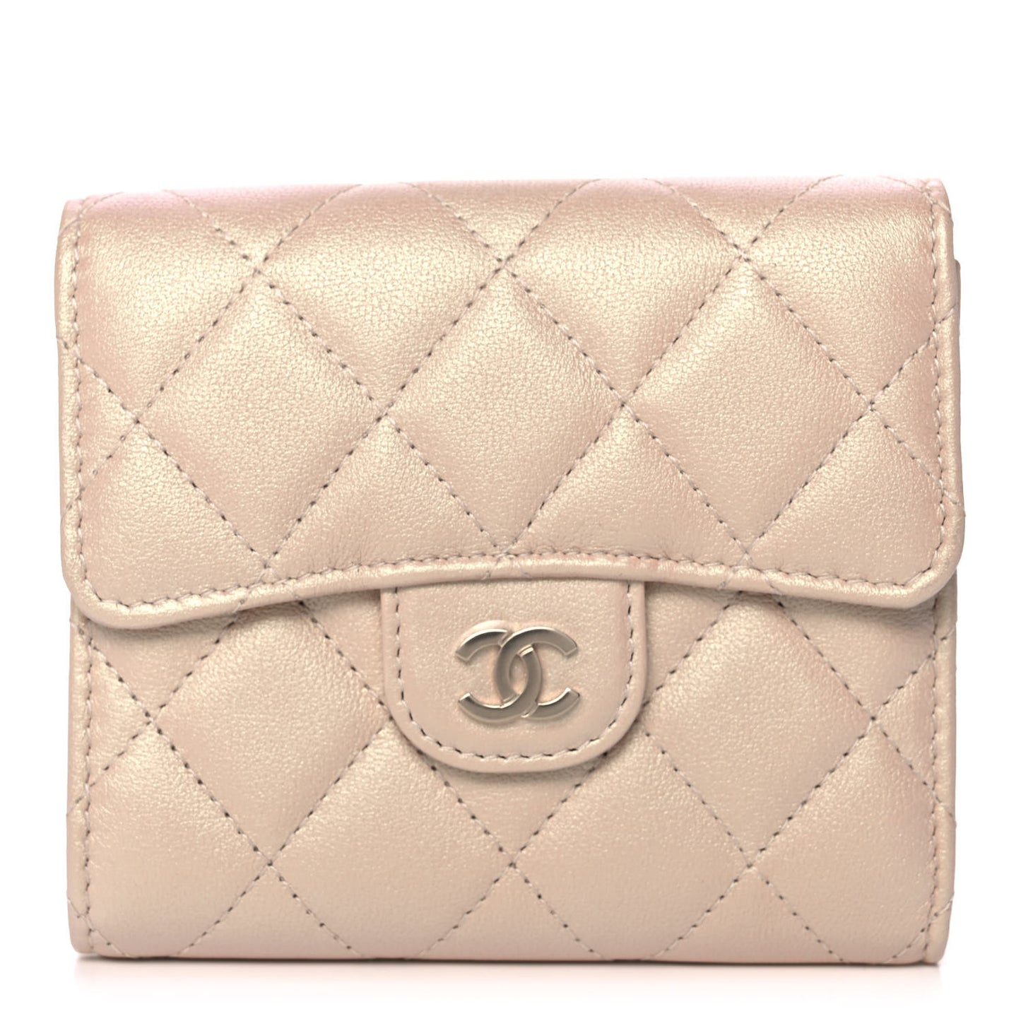 Iridescent Calfskin Quilted Compact Flap Wallet Beige