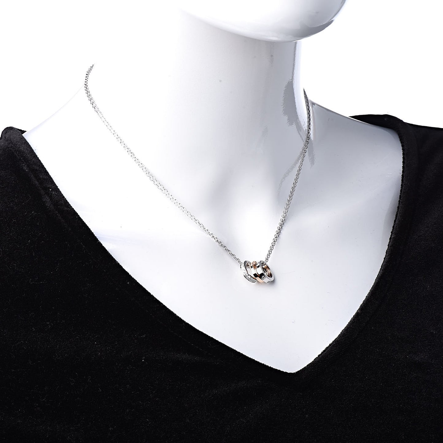 18K White Pink Gold Diamond Three Ring LOVE Pendant Necklace