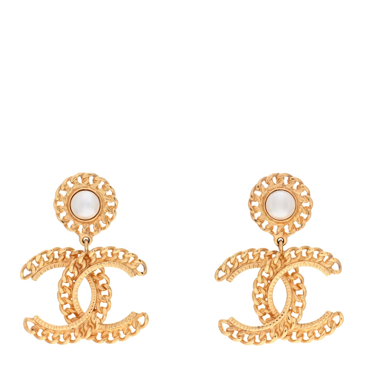 Metal Pearl CC Chain Drop Earrings Gold