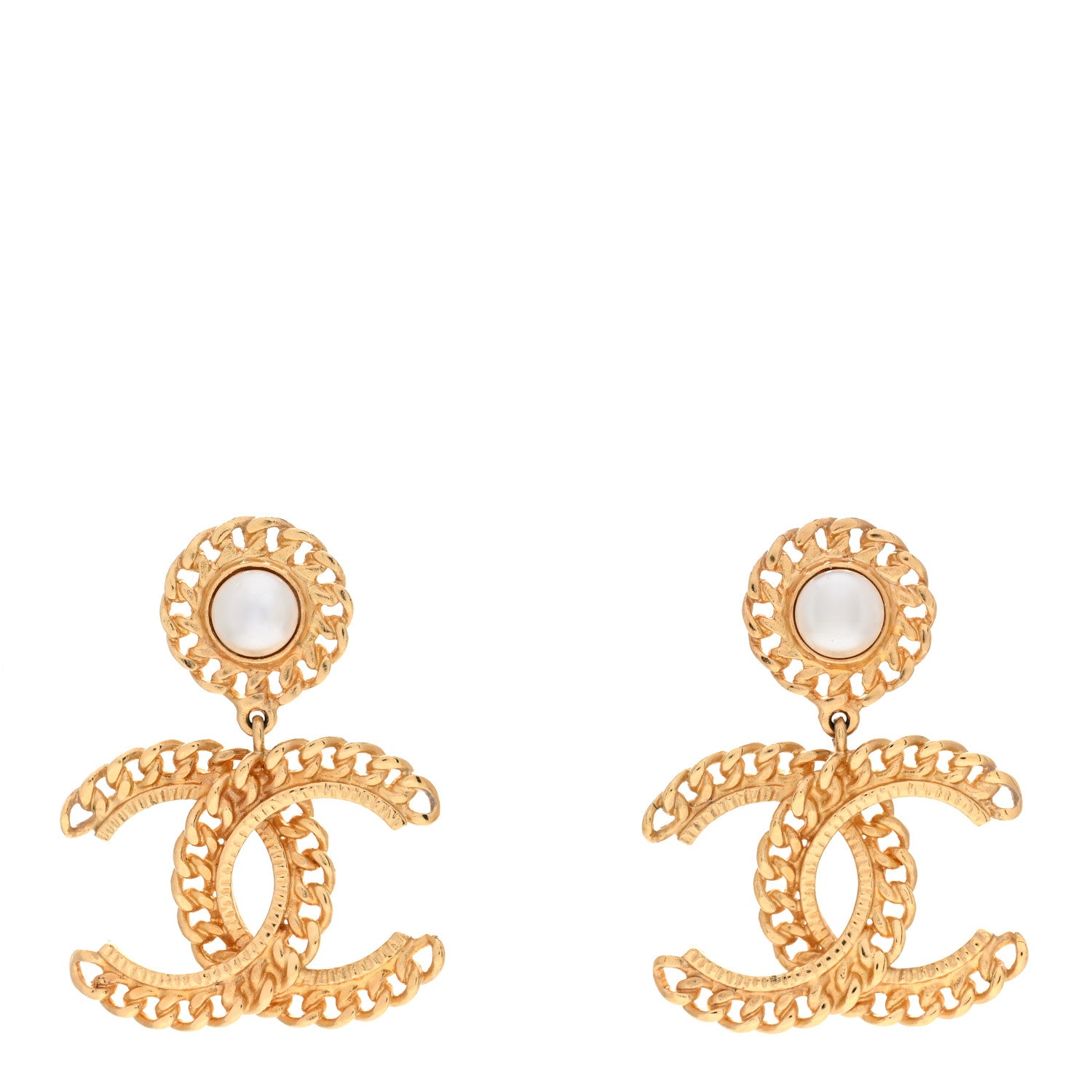 Chanel Metal Pearl CC Chain Drop Earrings Gold 1 of 5
