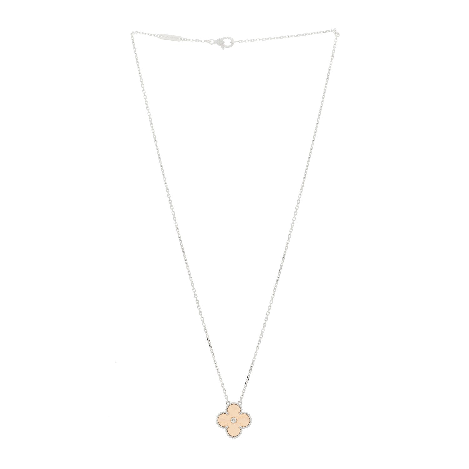 Van Cleef & Arpels 18K White Rose Gold Diamond Guilloche Vintage Alhambra Pendant Necklace 3 of 5