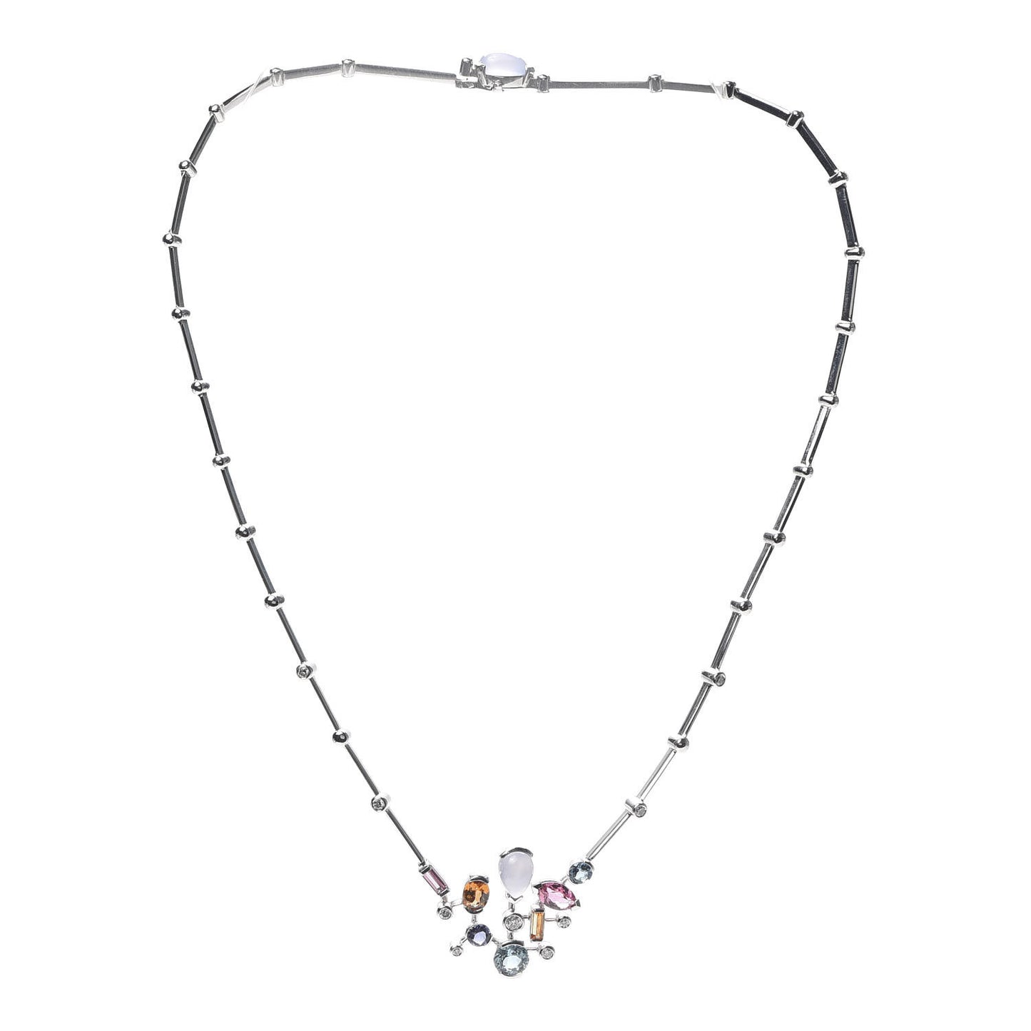 18K White Gold Diamond Chalcedony Tourmaline Iolite Aquamarine Garnet Meli Melo Necklace