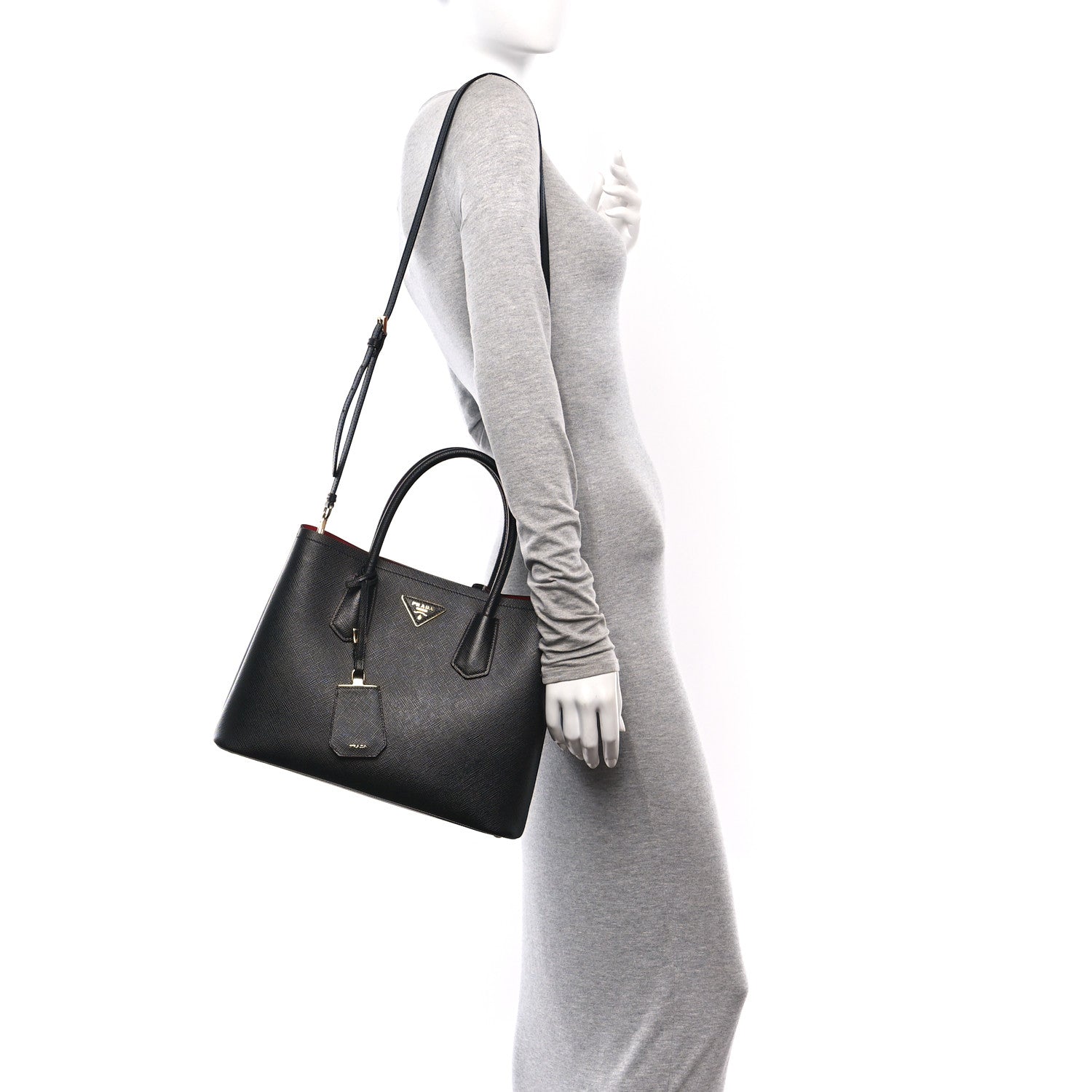 Prada Saffiano Cuir Medium Double Bag Black Fuoco 2 of 9