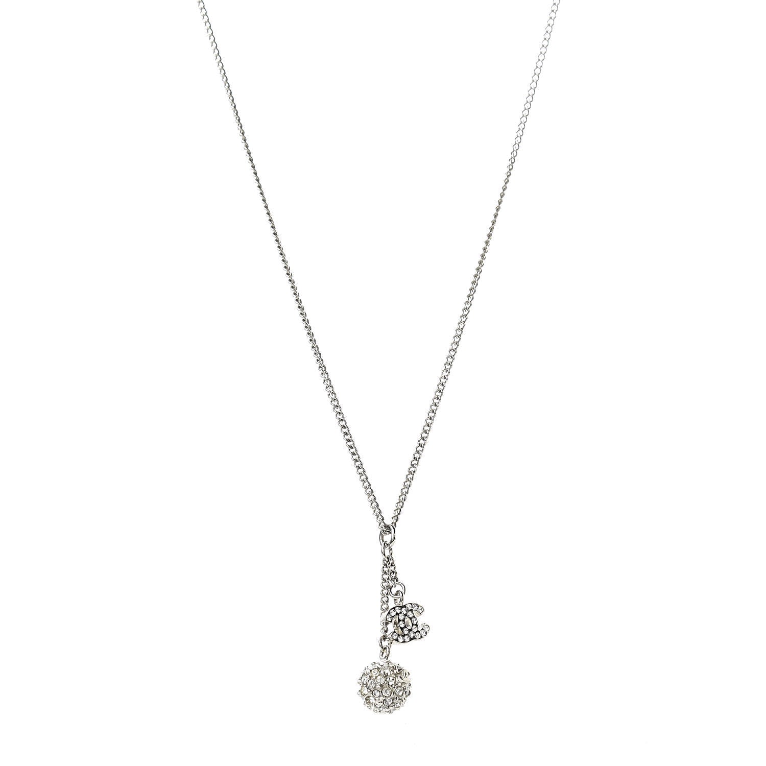 Chanel Crystal CC Ball Pendant Necklace Silver 1 of 5