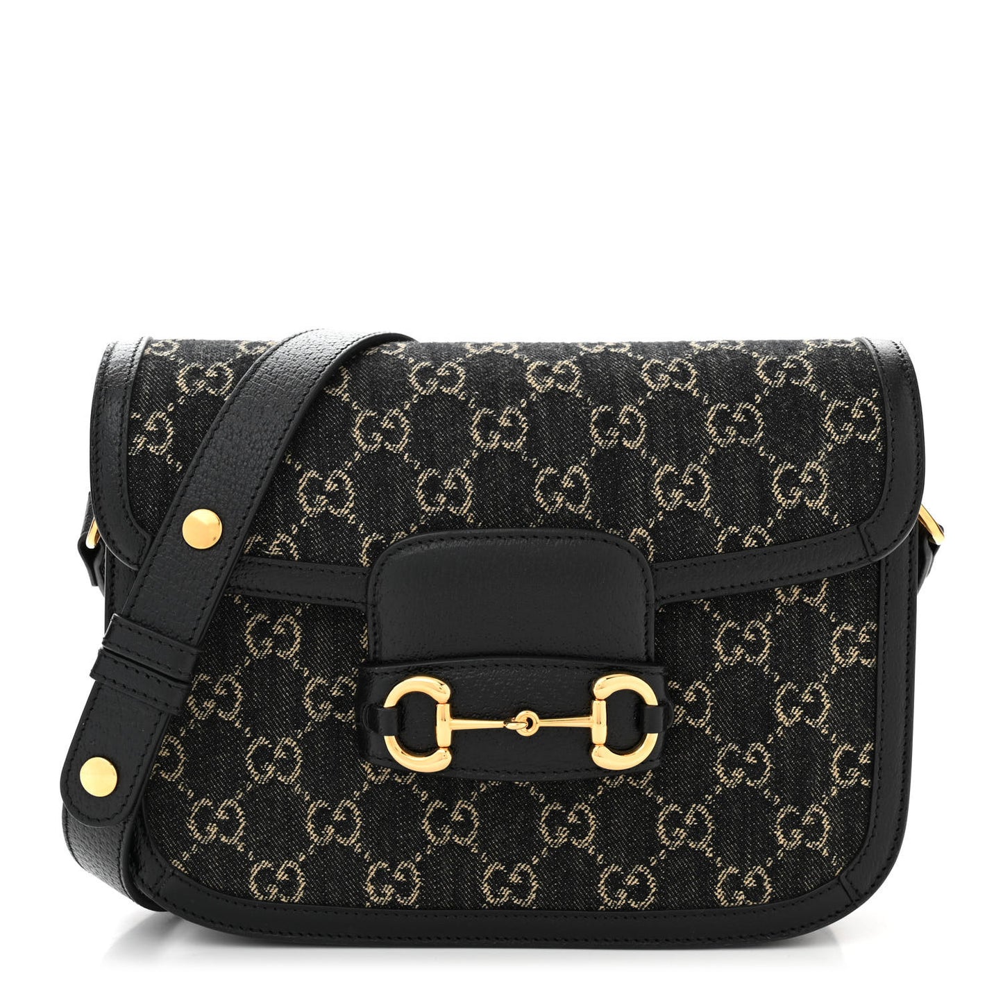Jacquard Black Denim GG Monogram Textured Dollar Calfskin Horsebit 1955 Shoulder Bag Black Ivory