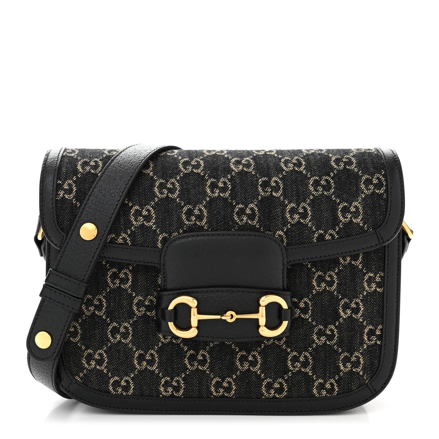 Gucci Jacquard Black Denim GG Monogram Textured Dollar Calfskin Horsebit 1955 Shoulder Bag Black Ivory 1 of 11