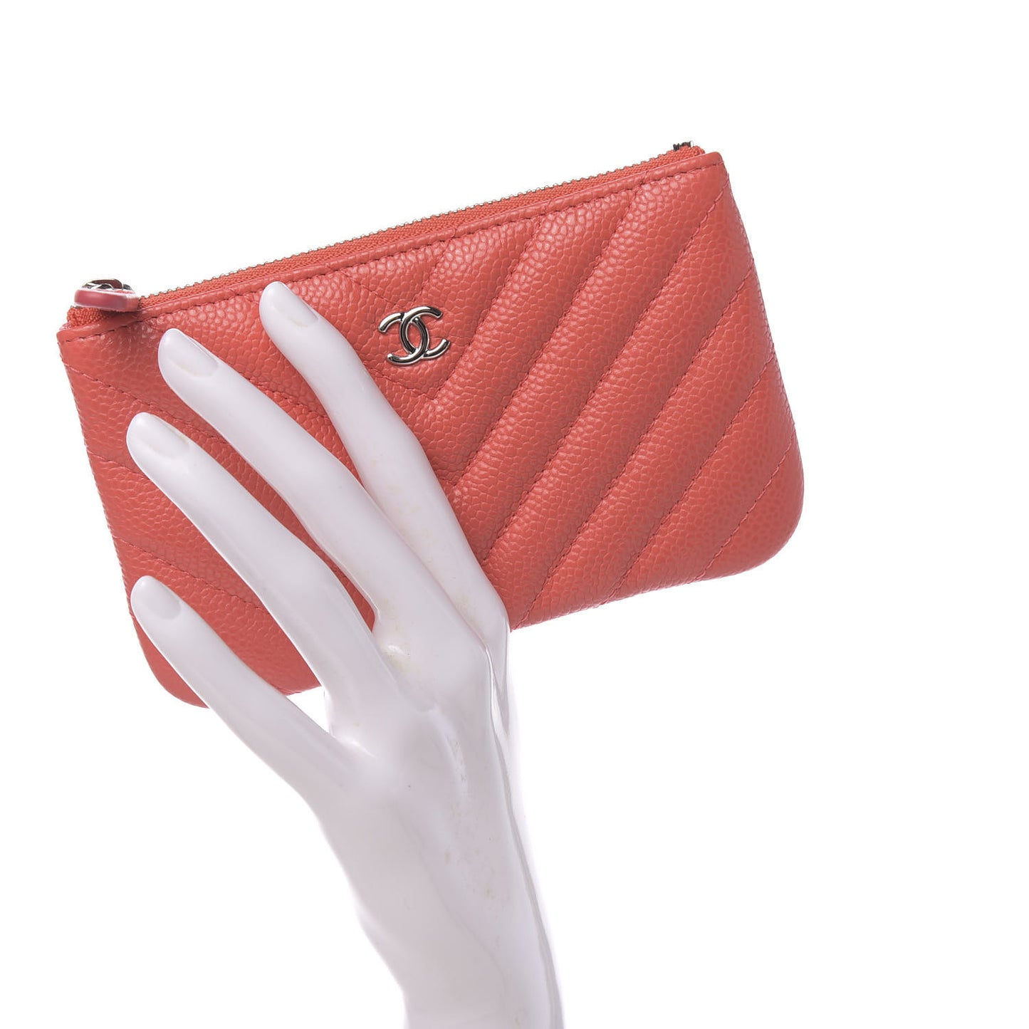 Caviar Chevron Quilted Small Cosmetic Case Coral