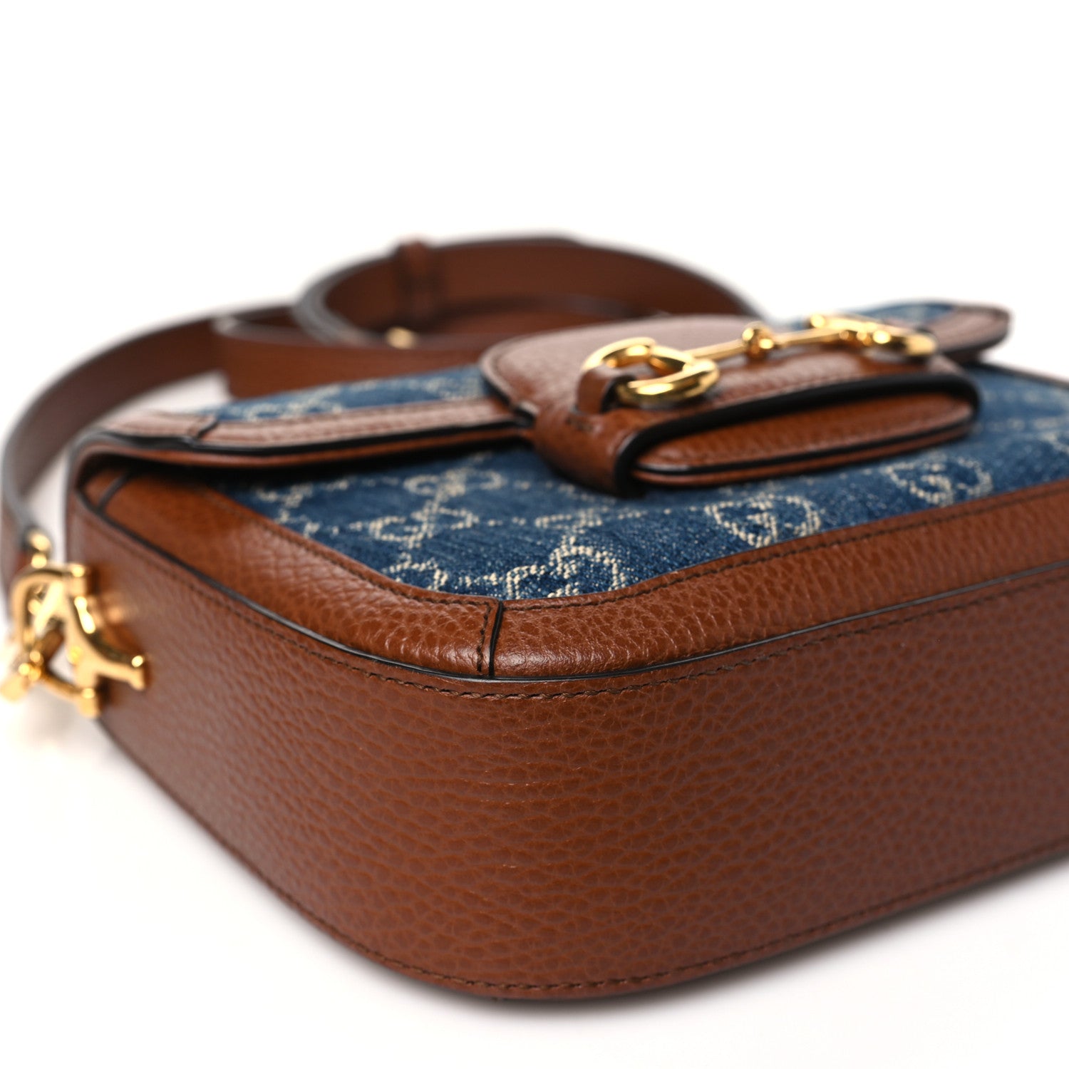 Gucci New Denim GG Monogram Dollar Calfskin Web Mini Horsebit 1955 Shoulder Bag Blue Tea Cuir Epilog 9 of 10