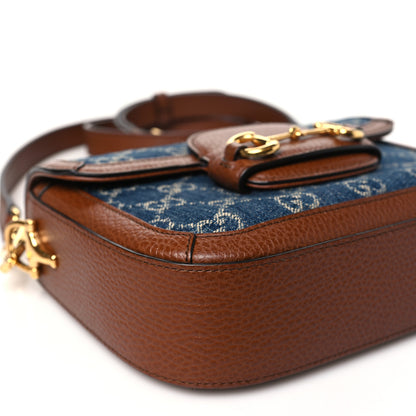 Gucci New Denim GG Monogram Dollar Calfskin Web Mini Horsebit 1955 Shoulder Bag Blue Tea Cuir Epilog 9 of 10