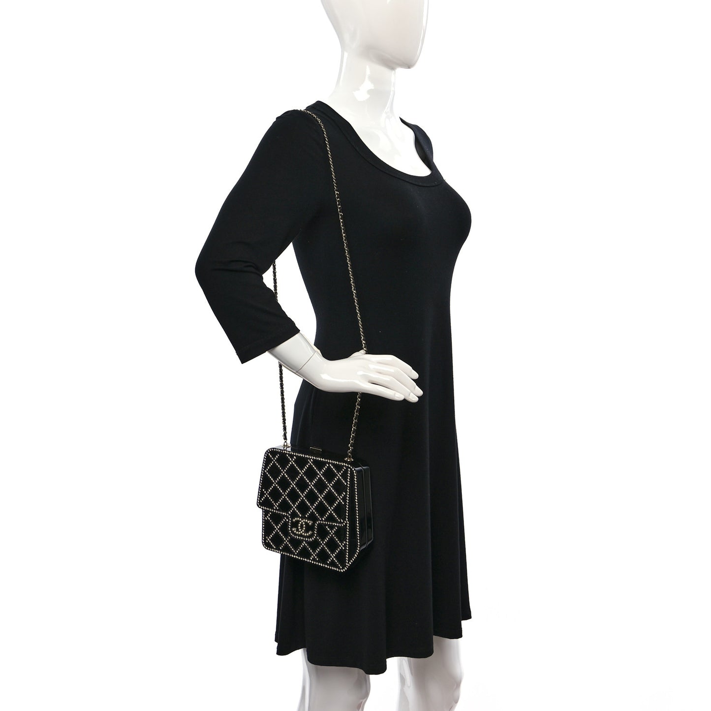 Plexiglass Crystal Quilted Minaudiere Clutch Black White