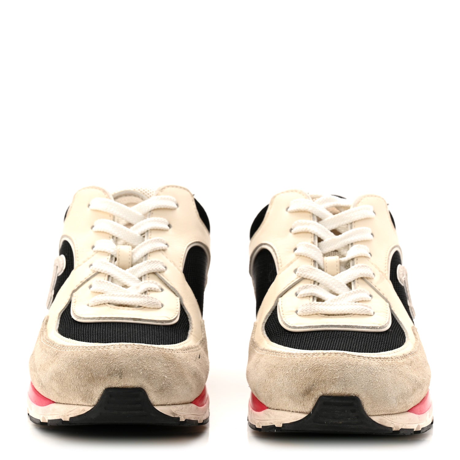 Chanel Mesh Suede Calfskin Grained Calfskin Womens CC Sneakers 38.5 White Black Pink 2 of 11