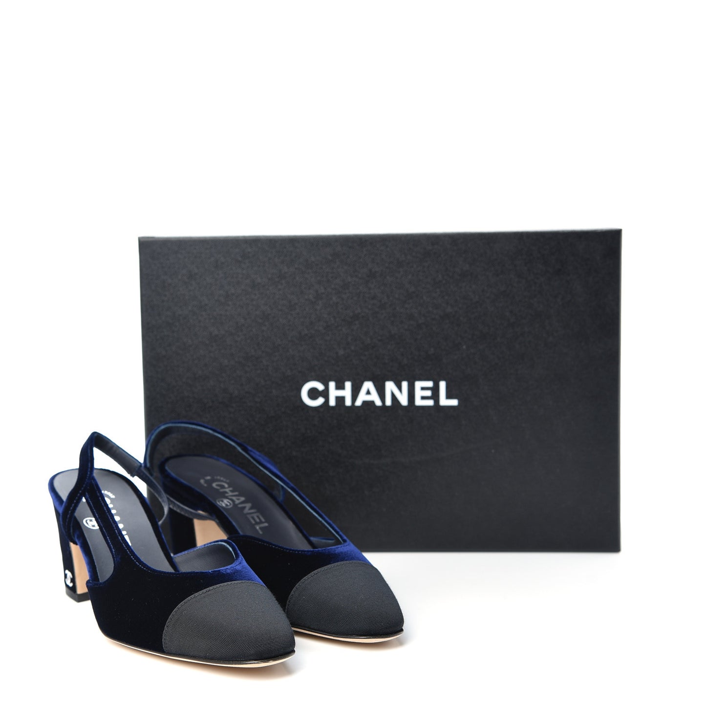 Velvet Grosgrain Cap Toe CC Slingback Pumps 35.5 Blue Black