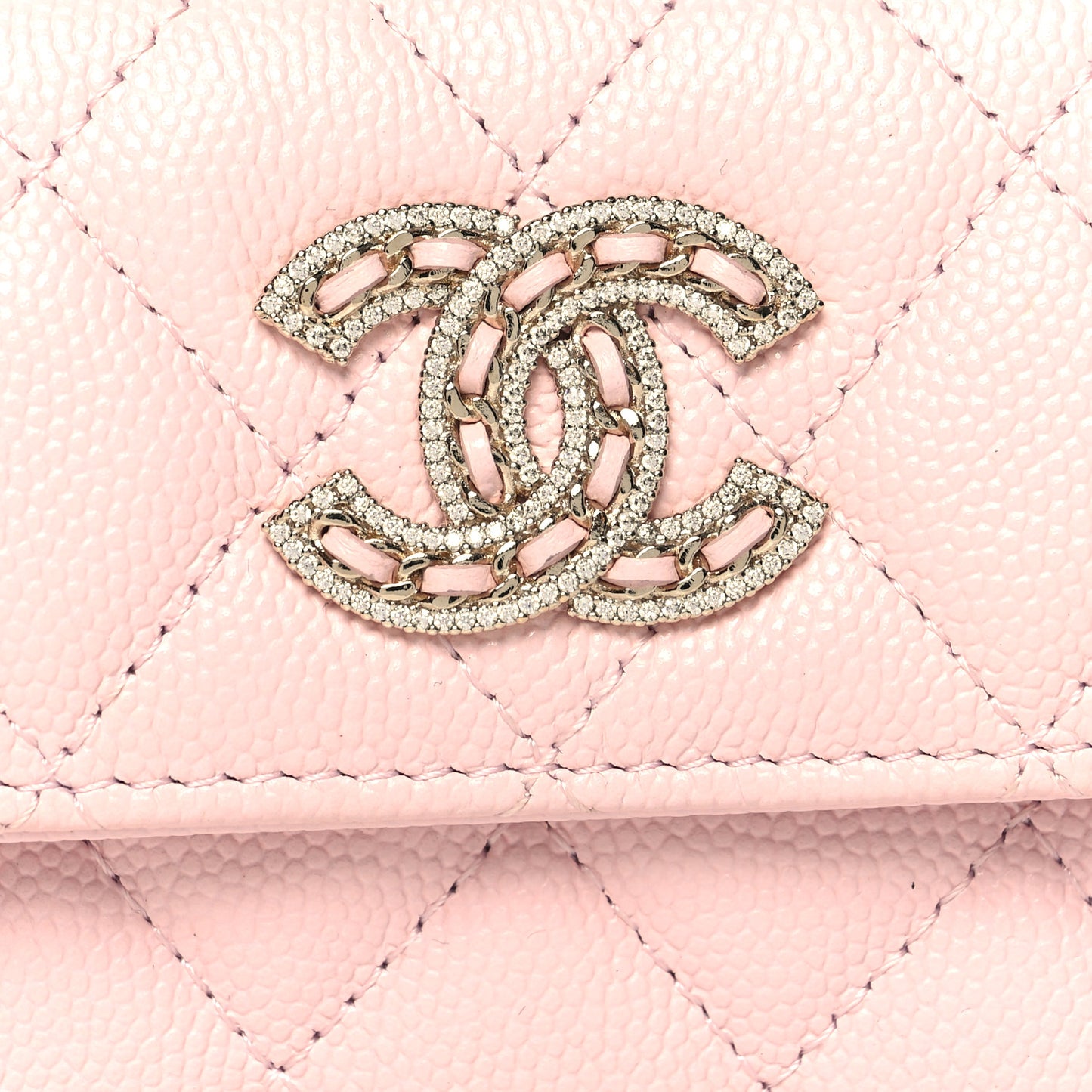 Caviar Quilted Crystal CC Flap Card Holder Pink