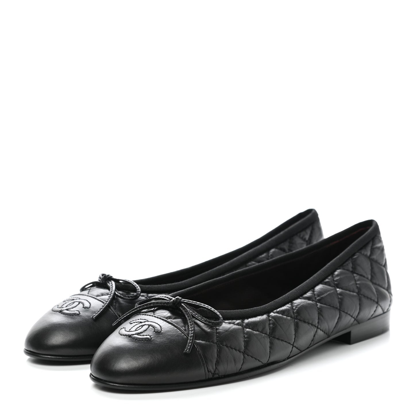 Aged Calfskin Quilted Cap Toe Ballerina Flats 40 Black