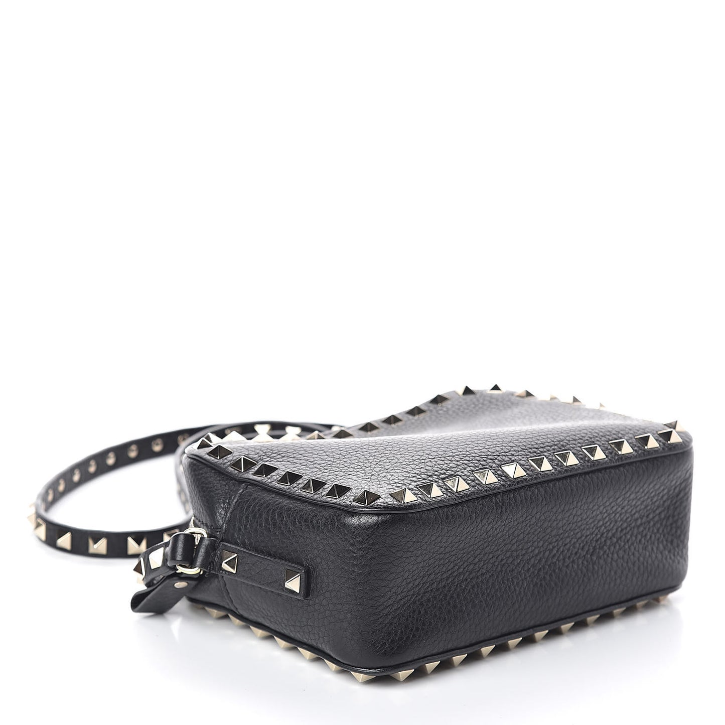 Pebbled Calfskin Rockstud Camera Crossbody Bag Black