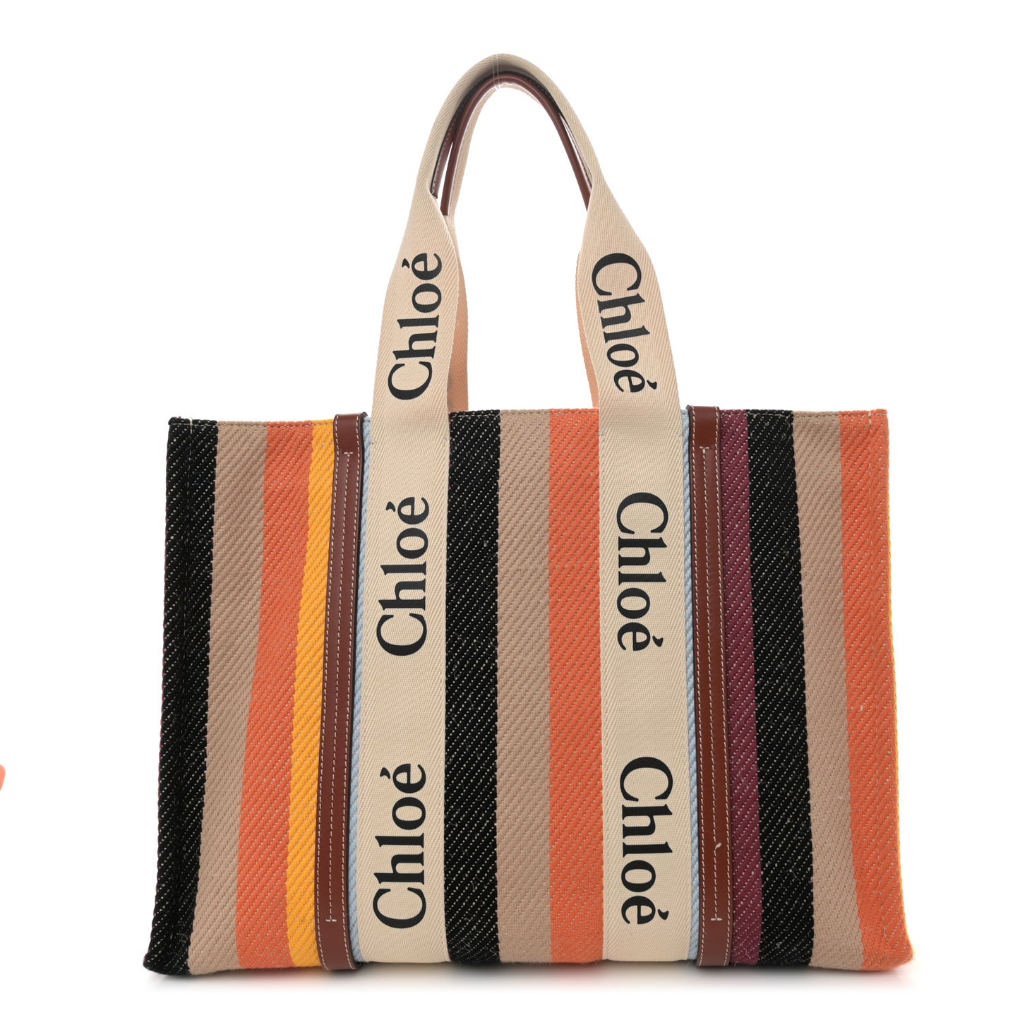 Cotton Calfskin Large Woody Striped Tote Multicolor