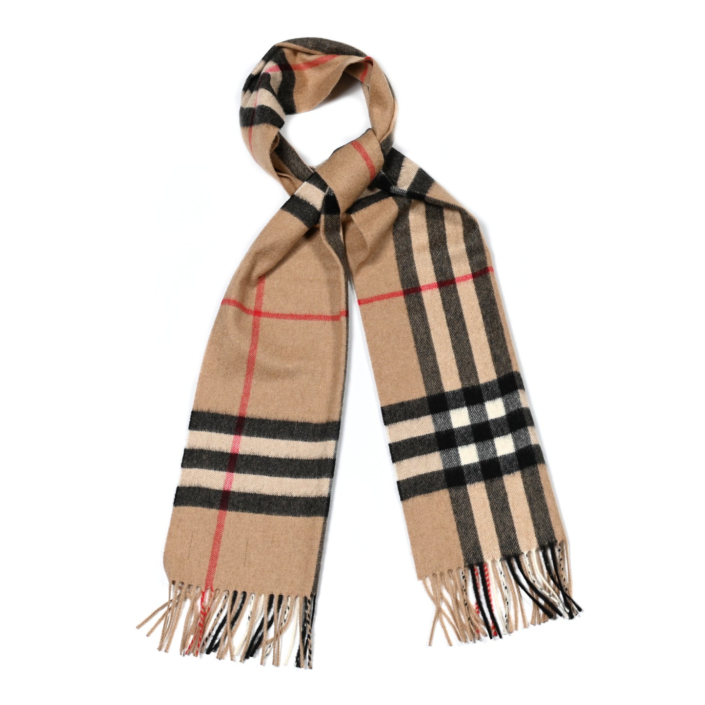 Cashmere Giant Check Fringe Scarf Camel